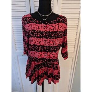 Elle Top Women's L Coral Pink Black Scoop Neck Keyhole Peplum Stretch Blouse